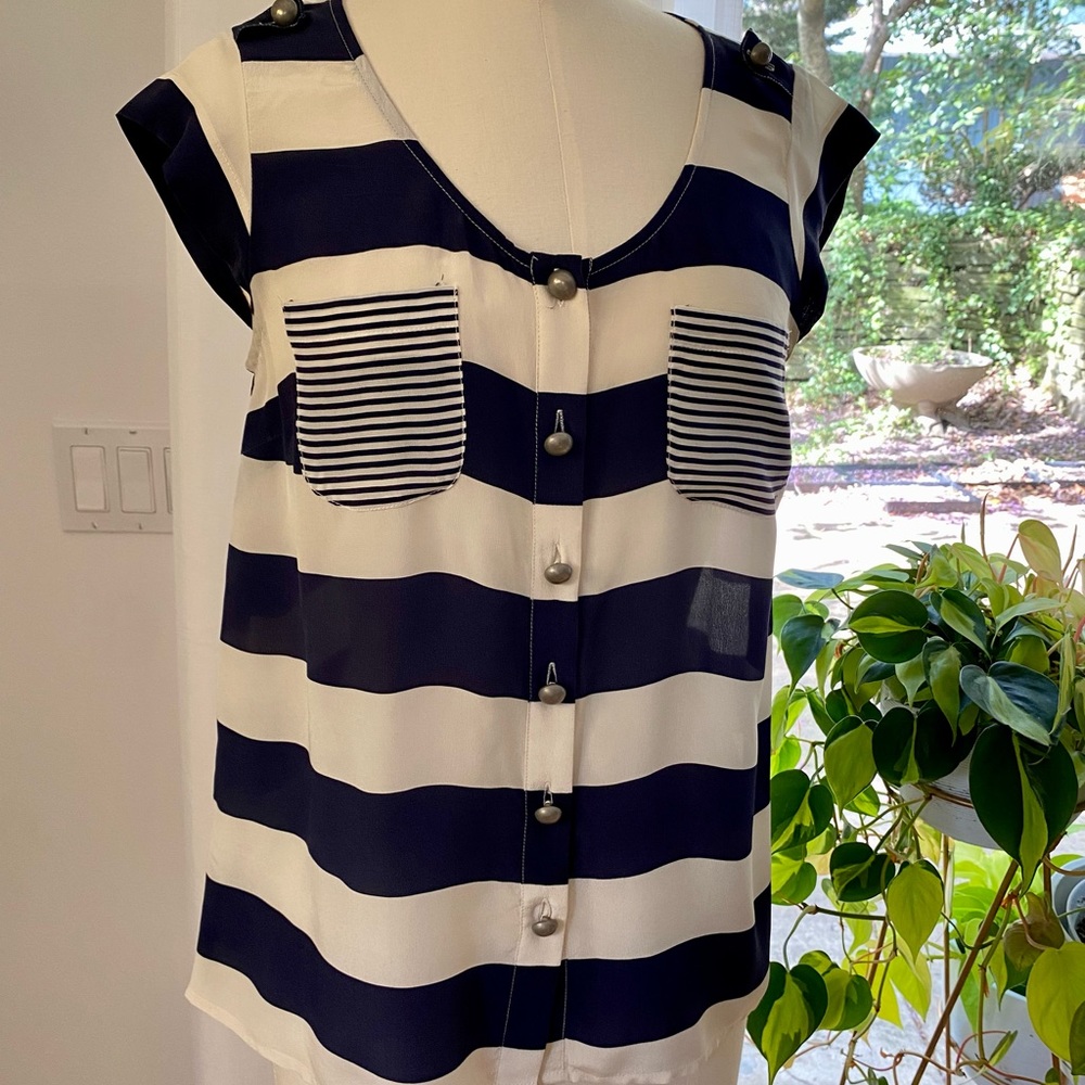 Anthropologie Odille Navy and White Striped Blouse
